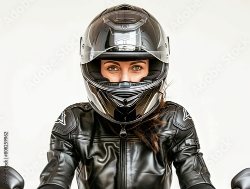 A striking portrait captures a motorcycle rider adorned with a sleek black helmet, set against a clean white background. The rider exudes confidence and readiness for the open road © Elshad Karimov