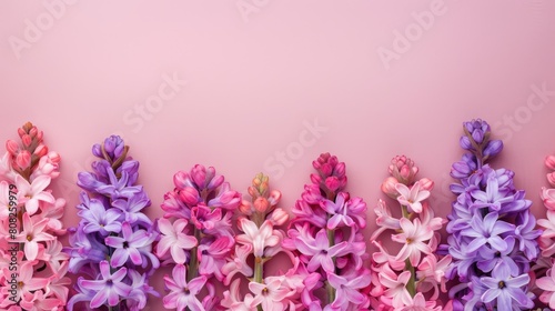 Spring hyacinth flowers on a pink background. A greeting card  a place for text.