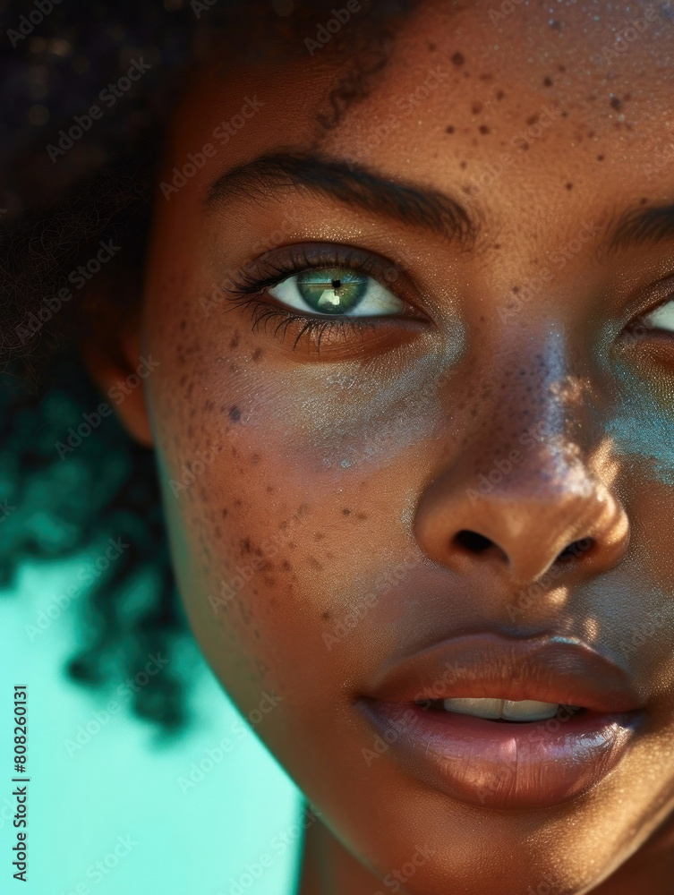 Captivating close-up of a young woman's face bathed in sunlight Captivating close-up of a young woman's face bathed in sunlight