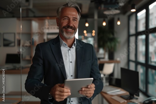 Old business man CEO with grey hair wearing suit standing in office using digital tablet. Smiling mature businessman professional executive manager looking away thinking working on tech device
