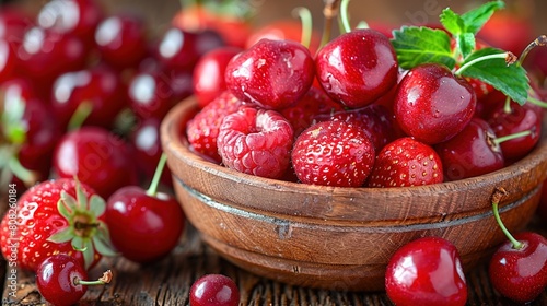   A wooden bowl brimming with ripe cherries sits beside a mound of strawberries on a table