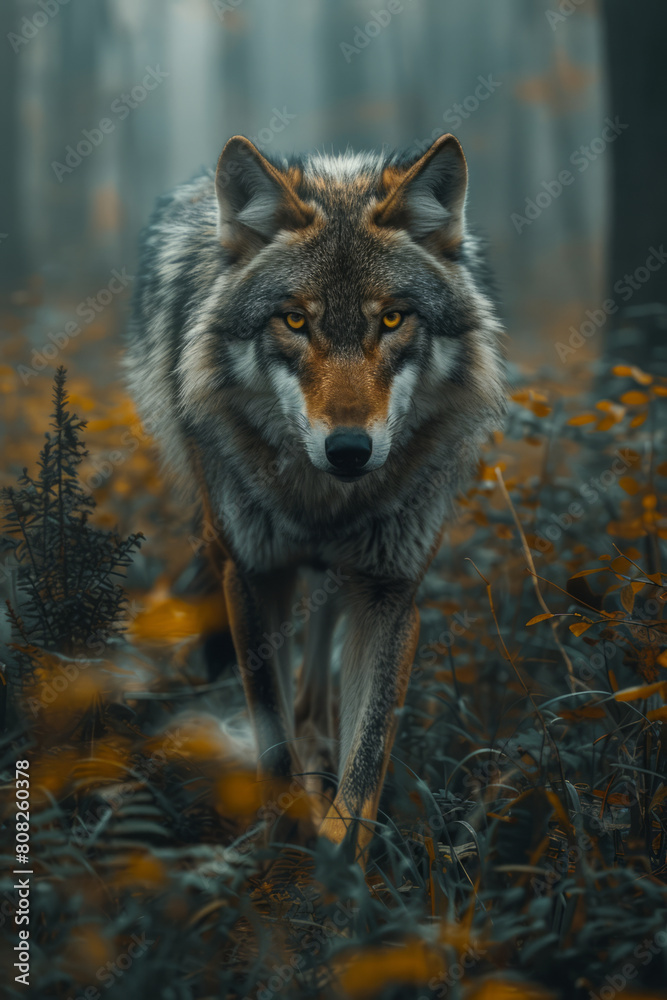 Fototapeta premium A spirit wolf enveloped in swirling mist, its eyes glowing with ancient wisdom, guiding a path through an ethereal forest,