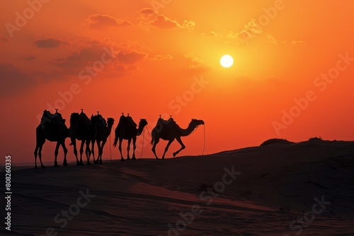 Camels silhouetted against a Dubai, breathtaking view of a camel caravan riding through the desert at sunset, Ai generated