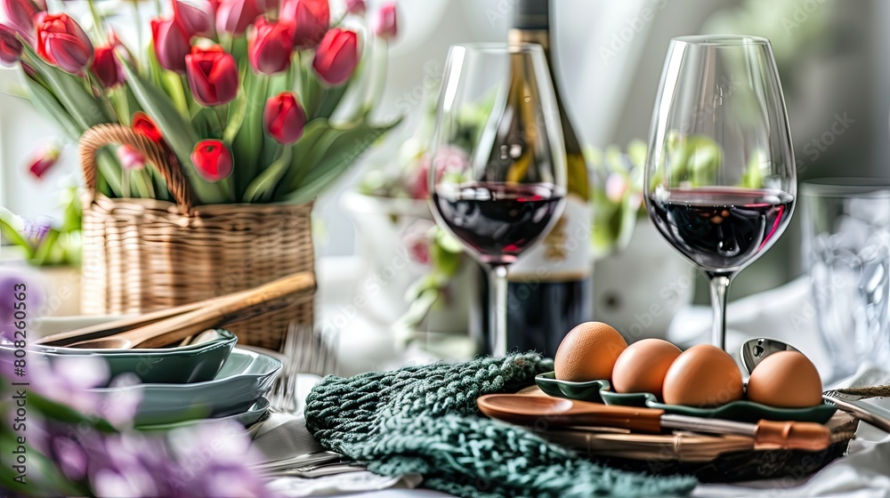 a table set with white tulips, a vibrant green place mat, and a colorful egg on a plate surrounded by utensils, complemented by two glasses of red wine, a large glass lamp, and flickering candles.