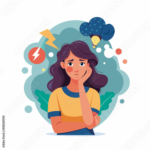 Anxiety, stress, Depression concept. Young unhappy worried female woman cartoon style