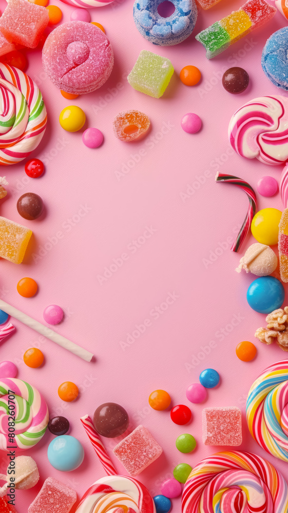 Frame design with colorful candy. Ready to use card, template for party invitation, childrens birthday etc. Pink background. Blank space for text. Frame design with colorful candy. Ready to use card, template for party invitation, childrens birthday etc. Pink background. Blank space for text.