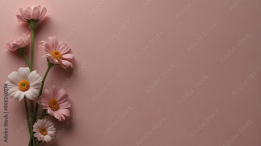 A pink background with several flowers A pink background with several flowers