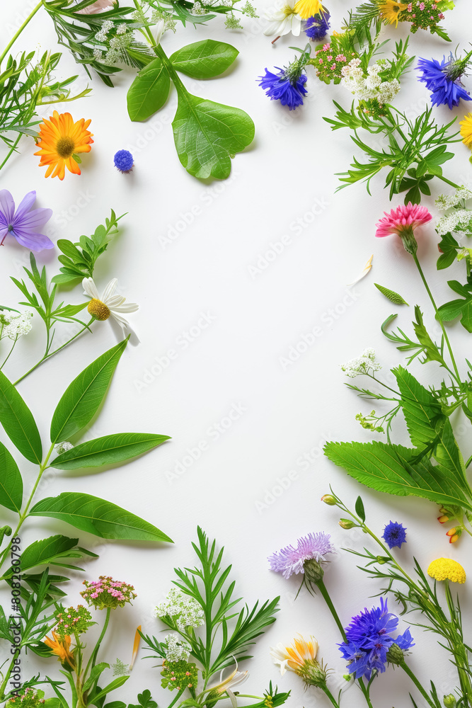 Naklejka premium Frame of wildflowers and green leaves. Ready to use card, template for invitation, season greeting, birthday etc. Blank space for text. 