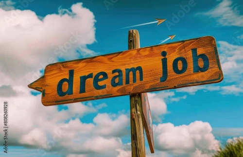Wooden road sign with text dream job and pointing to an arrow against a sky background