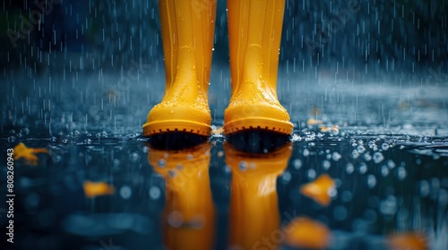Yellow rain boots standing on the ground in the pouring rain, reflections of water droplets with wet and dark background