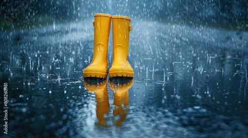 Yellow rain boots standing on the ground in the pouring rain, reflections of water droplets with wet and dark background