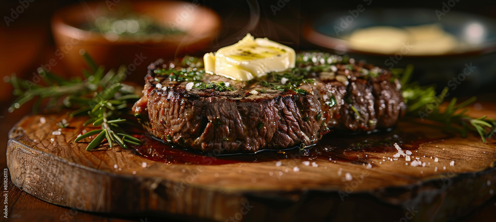 Juicy Medium Rare Steak with Herb Butter on Rustic Wooden Board Juicy Medium Rare Steak with Herb Butter on Rustic Wooden Board