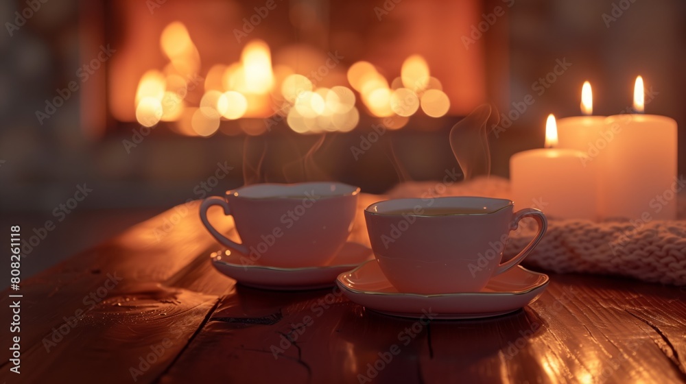 Two cups of tea hot candles in front of a fireplace with a fire in the background, the concept of home comforts Two cups of tea hot candles in front of a fireplace with a fire in the background, the concept of home comforts