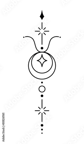 Taurus zodiac sign and symbol blackwork tattoo. Sacred geometry horoscope tattoo design, mystic symbol of constellation. New school dotwork, line art minimalist style tattoo. Boho design.