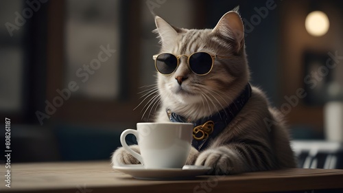 cat wearing glasses and drinking coffe