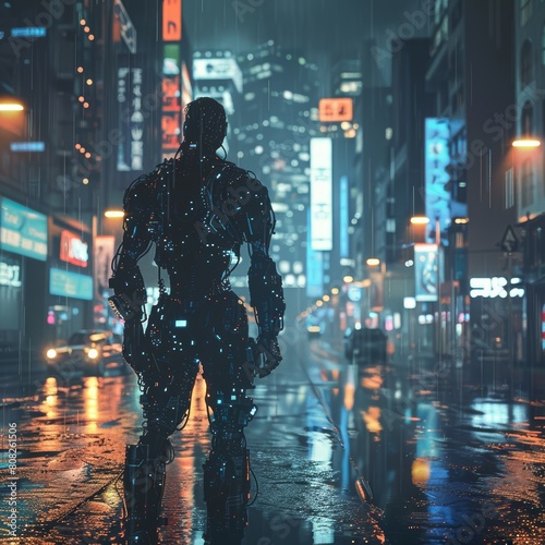 Robot warrior standing in rainy city street. Cyberpunk night cityscape with neon lights