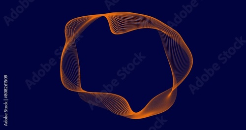 Abstract seamless looped orange color thin wavy curve moving lines in the center, over dark blue color background. wavy pattern of thin moving lines, animated motion graphics background.