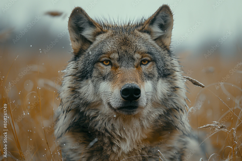 Obraz premium A stormy gray wolf with fur standing on end and eyes squinting, conveying frustration and restlessness,