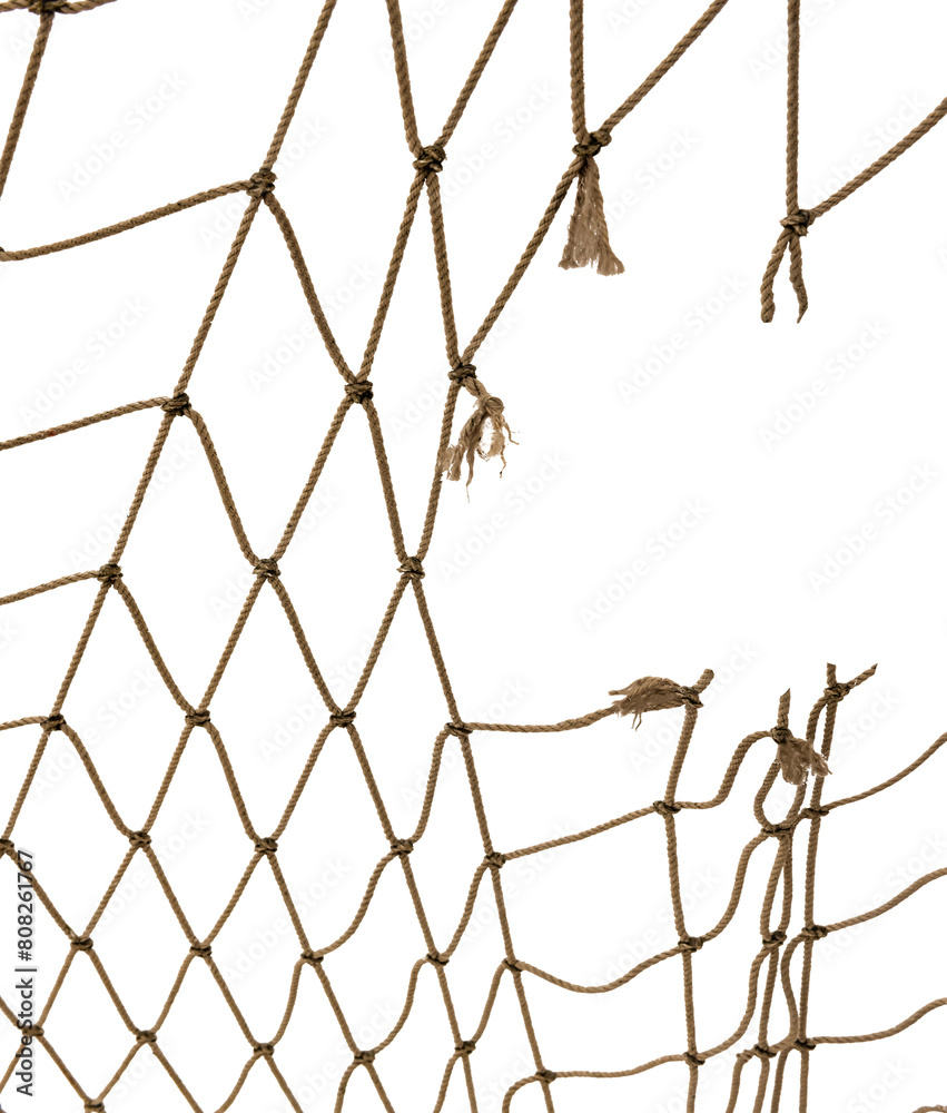 Torn Football or tennis net. Rope mesh on a white background close-up Torn Football or tennis net. Rope mesh on a white background close-up