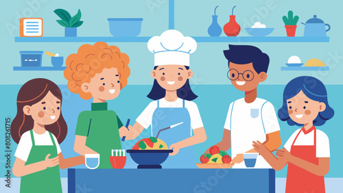 A cooking class where neurodivergent teenagers learn new recipes and techniques from their mentors gaining confidence and independence in the kitchen.. Vector illustration