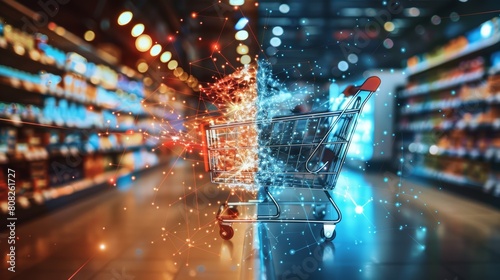 Digital shopping cart exploding with data particles in a supermarket aisle.