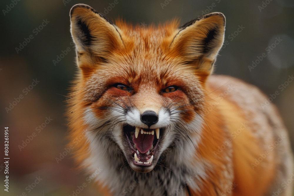 Fototapeta premium A fiery red fox with fur bristled and teeth bared, standing aggressively to convey anger,