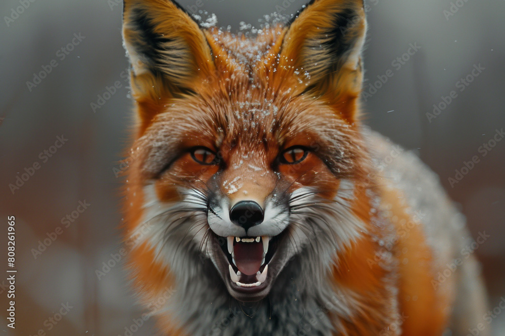 Fototapeta premium A fiery red fox with fur bristled and teeth bared, standing aggressively to convey anger,