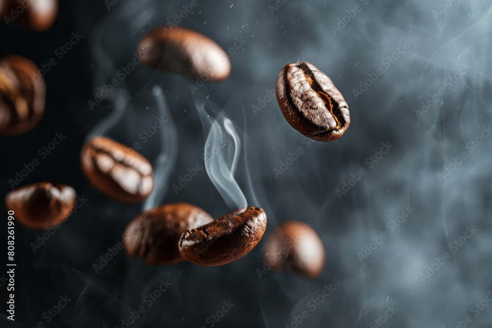 Coffee Beans in Flight Against Dark Backdrop Coffee Beans in Flight Against Dark Backdrop