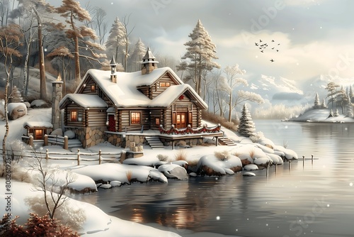 snowy scene cabin lake flock birds flying cute toon home alone flowing feeling inhabited levels snowflakes white sparkles sunlight beams land computer graphics festive photo