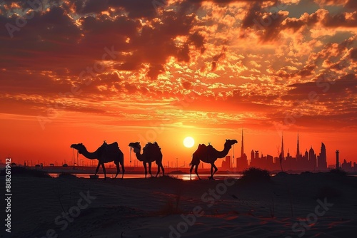 Camels silhouetted against a Dubai  breathtaking view of a camel caravan riding through the desert at sunset  Ai generated