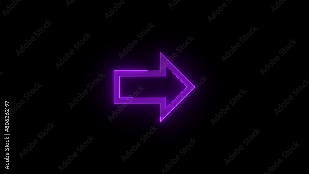 Neon right direction arrow icon glowing neon purple color animation black background Neon right direction arrow icon glowing neon purple color animation black background