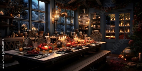 Luxury dining room with candles and christmas decorations. Panorama