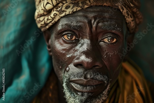 Portrait of an elderly african man with striking features and cultural headwear
