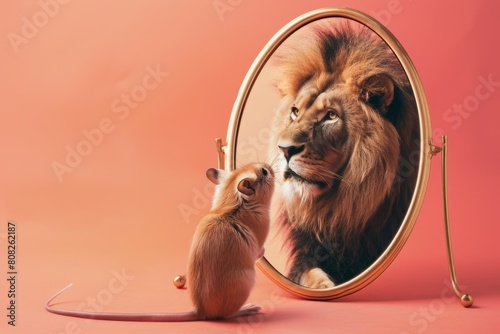 Mouse in front of the mirror with reflection of lion. AI generative art
