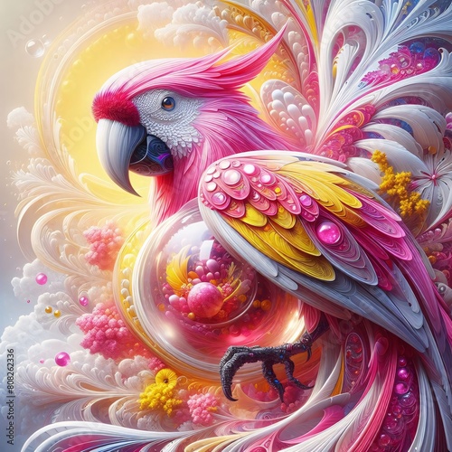 Pink fantasy parrot and glass