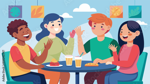A group of friends with autism using sign language to have a lively conversation at a restaurant without struggling with social cues.. Vector illustration