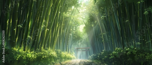 A sunlit path leads through a vibrant bamboo forest toward a traditional gate.