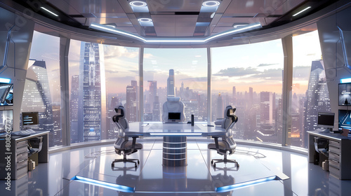 Futuristic IT office with a panoramic view of the digital city - integrated AI, virtual reality and intelligent robots.  © Malgorzata