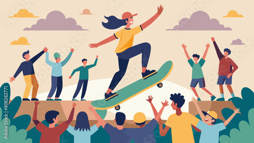 Crowds cheer in unison as talented skateboarders demonstrate their skills and finesse on the course leaving judges and spectators in awe.. Vector illustration