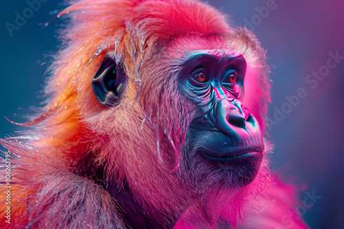 A gorilla with a fur pattern that looks like dripping paint, each color blending into the next in a dynamic display, photo