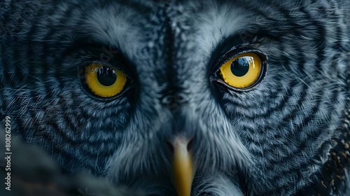 Vigilant Gaze of a Great Gray Owl in the Nighttime Darkness,Piercing Yellow Eyes Intently Focused