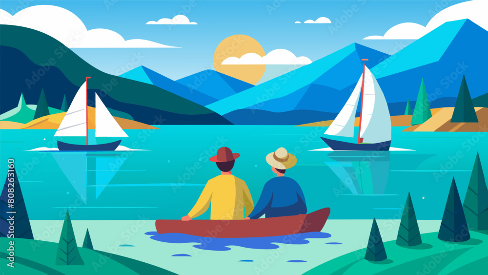 A middleaged couple taking a leisurely ride along a picturesque lake admiring the crystal clear water and the colorful sailboats passing by..