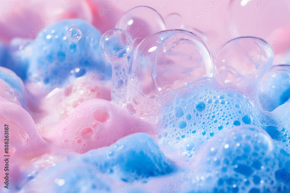 Background with macro bubble texture. Cleaning and laundry service concept. Abstract gradient pink and blue soap foam texture. Background with macro bubble texture. Cleaning and laundry service concept. Abstract gradient pink and blue soap foam texture.