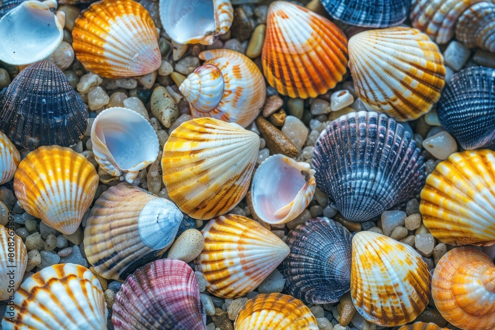 A variety of colorful seashells on pebble beach texture, representing biodiversity. International Day for Biological Diversity A variety of colorful seashells on pebble beach texture, representing biodiversity. International Day for Biological Diversity