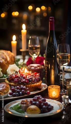 Romantic dinner with wine  cakes  fruits and croissants