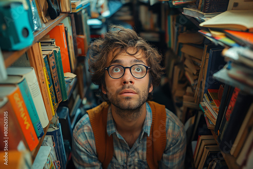Man amid a library of books looking up