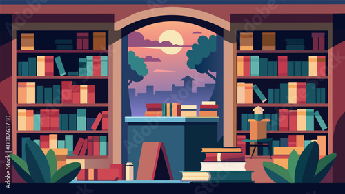 In the back of the bustling secondhand bookshop a peaceful nook awaits with shelves of wellloved books and a quiet spot to immerse yourself in a good. Vector illustration