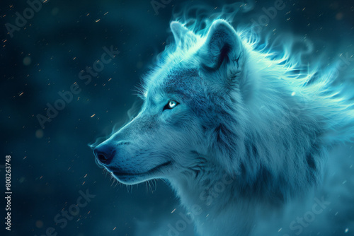 A wolf made of smoke and mirrors  its fur a shifting spectrum of colors  blending into the northern lights above 
