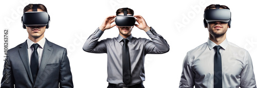 Set of businessmen in virtual reality headset on a transparent background. Executive manager wearing modern glasses of virtual reality. CEO wears futuristic goggles testing new virtual reality game