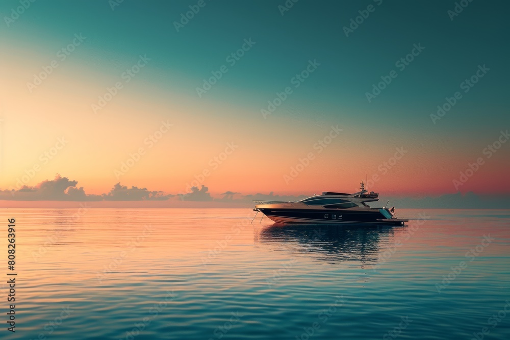 Naklejka premium A sleek yacht rests in still waters at dawn, under a sky painted with soft orange hues